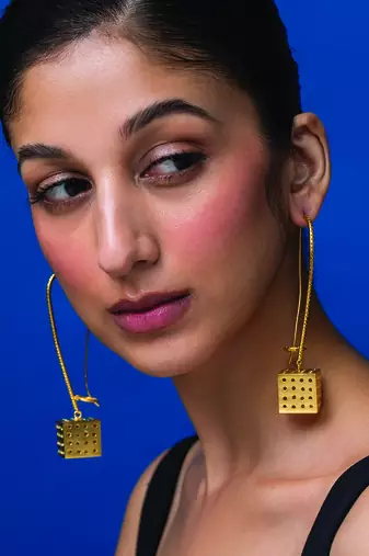 Gold cubical long hoop earrings