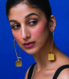 Gold cubical long hoop earrings