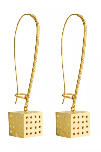 Gold cubical long hoop earrings