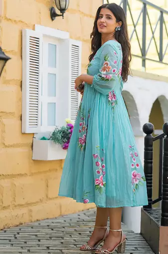 Sky blue digital print silk kurti