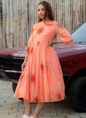 Peach digital print silk kurti 1