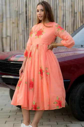 Peach digital print silk kurti