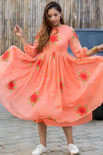 Peach digital print silk kurti