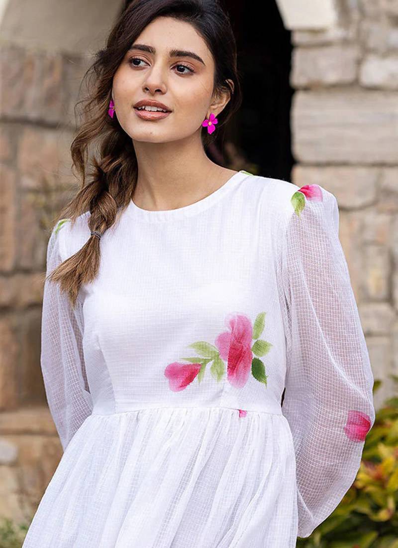 White digital print silk kurti