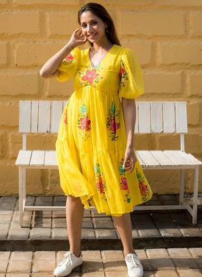 Yellow digital print silk kurti 1