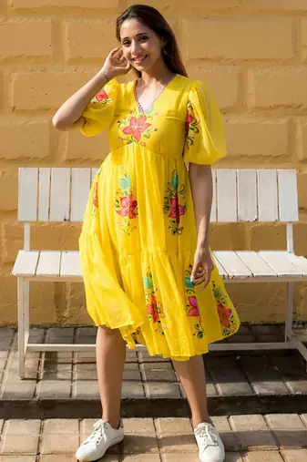 Yellow digital print silk kurti
