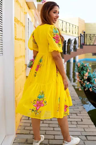 Yellow digital print silk kurti
