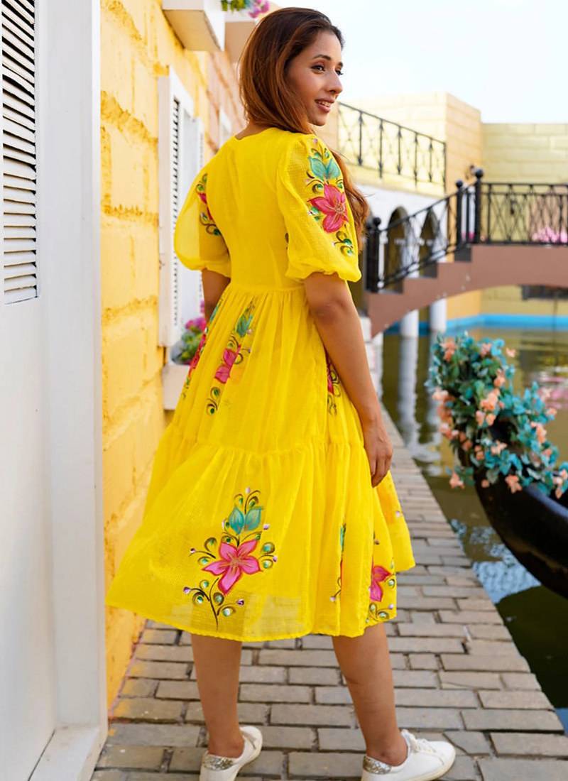 Yellow digital print silk kurti