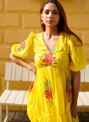 Yellow digital print silk kurti 3