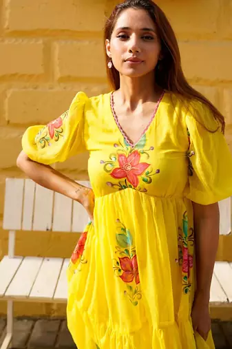 Yellow digital print silk kurti