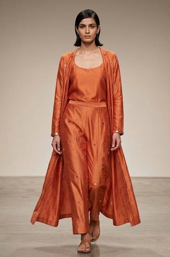 Rust Orange Mirror Embroidered Dupion Silk Co Ord Set