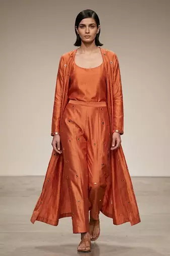 Rust Orange Mirror Embroidered Dupion Silk Co Ord Set