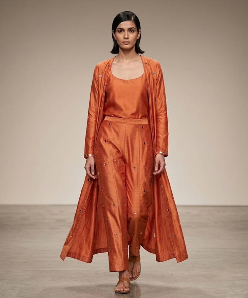 Rust Orange Mirror Embroidered Dupion Silk Co Ord Set