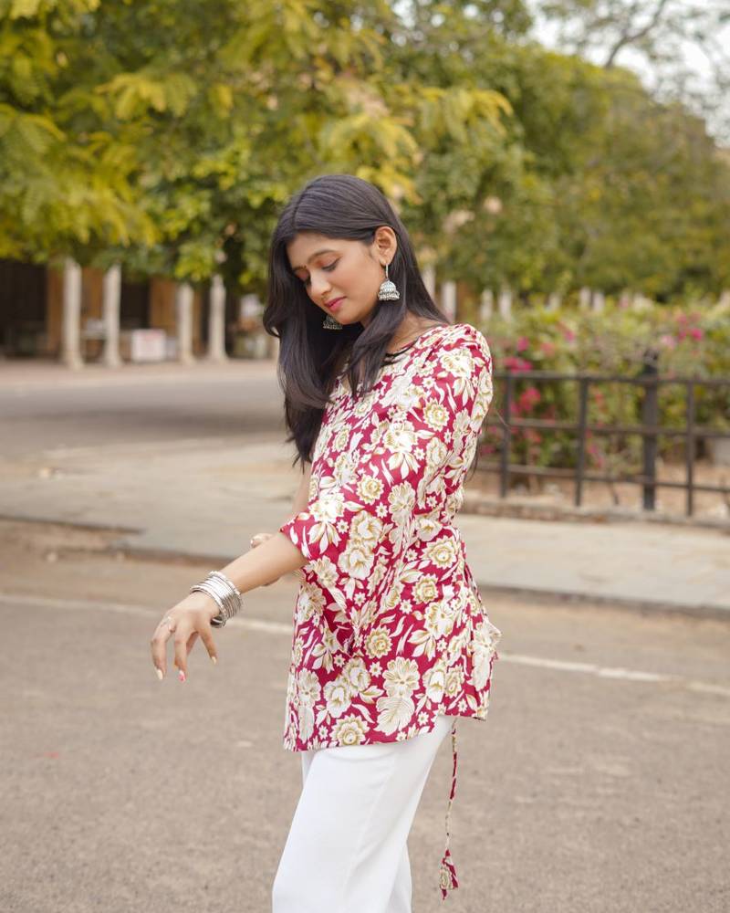 Corset Back Digital Print Cotton Short Kurti
