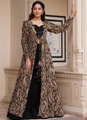 Black digital print faux georgette sharara suit set with crop top & shrug stitched 1