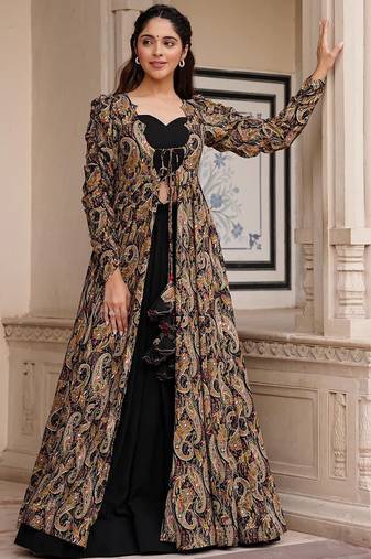 Black digital print faux georgette sharara suit set with crop top & shrug stitched