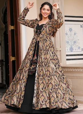 Black digital print faux georgette sharara suit set with crop top & shrug stitched 2
