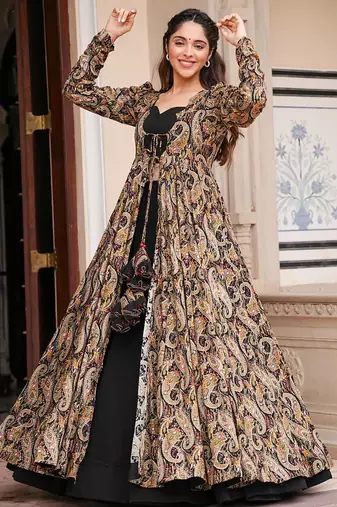Black digital print faux georgette sharara suit set with crop top & shrug stitched