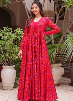 Pink digital print faux georgette sharara suit set with crop top & shrug stitched 1