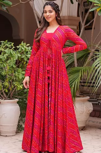 Pink digital print faux georgette sharara suit set with crop top & shrug stitched