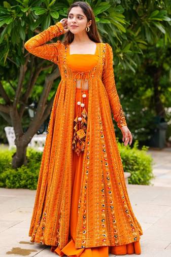 Orange digital print faux georgette sharara suit set with crop top & shrug stitched