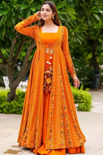 Orange digital print faux georgette sharara suit set with crop top & shrug stitched