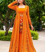 Orange digital print faux georgette sharara suit set with crop top & shrug stitched