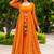 Orange digital print faux georgette sharara suit set with crop top & shrug stitched