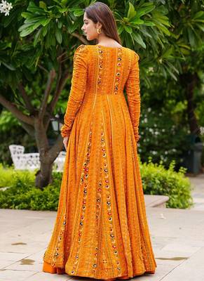 Orange digital print faux georgette sharara suit set with crop top & shrug stitched 2