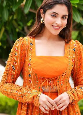 Orange digital print faux georgette sharara suit set with crop top & shrug stitched 3