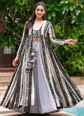 Light grey digital print faux georgette sharara suit set with crop top & shrug stitched 1