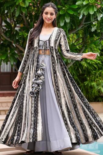 Light grey digital print faux georgette sharara suit set with crop top & shrug stitched