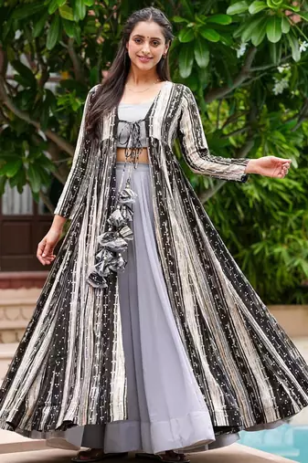 Light grey digital print faux georgette sharara suit set with crop top & shrug stitched