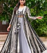 Light grey digital print faux georgette sharara suit set with crop top & shrug stitched