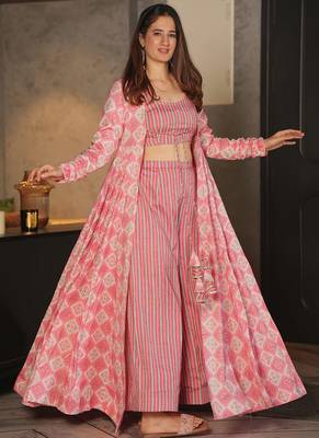 Pink digital print rayon sharara suit set with crop top & shrug stitched 1