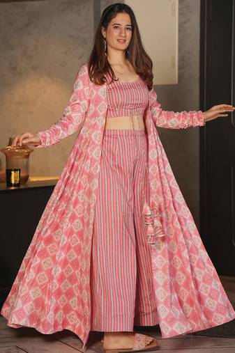 Pink digital print rayon sharara suit set with crop top & shrug stitched