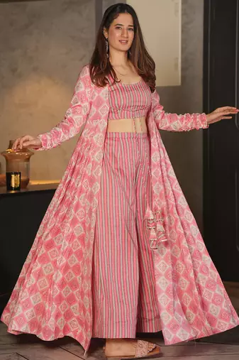 Pink digital print rayon sharara suit set with crop top & shrug stitched