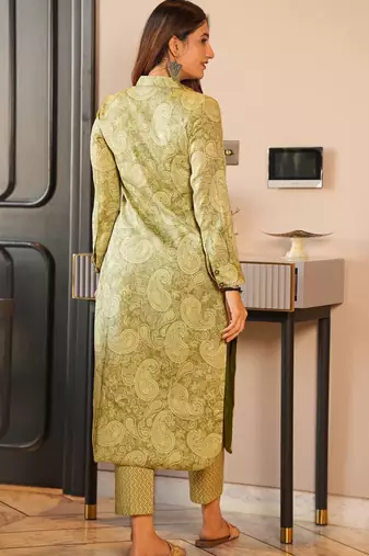 Olive green heavy digital printed pure maslin salwar-kameez