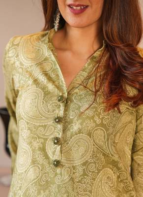 Olive green heavy digital printed pure maslin salwar-kameez 4