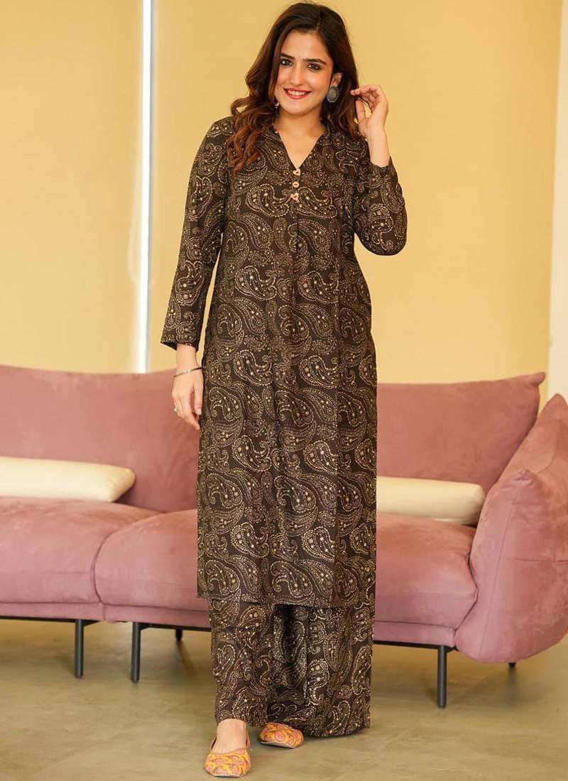 Brown heavy digital printed pure maslin salwar-kameez