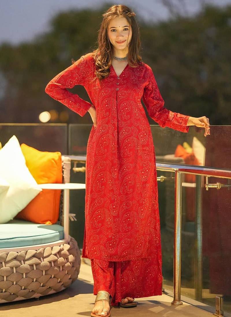 Red heavy digital printed pure maslin salwar-kameez