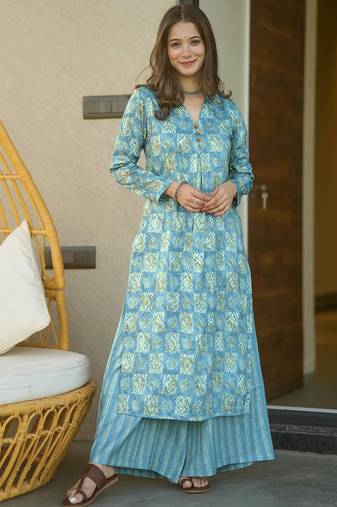 Sky blue heavy digital printed pure maslin salwar-kameez