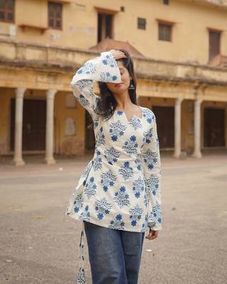Ivory Blue Bell Sleeve Block Print Short Kurti 2