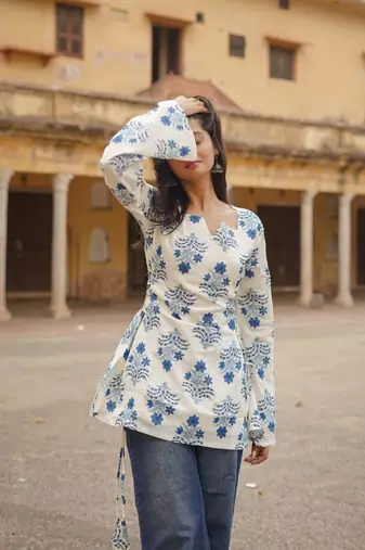 Ivory Blue Bell Sleeve Block Print Short Kurti
