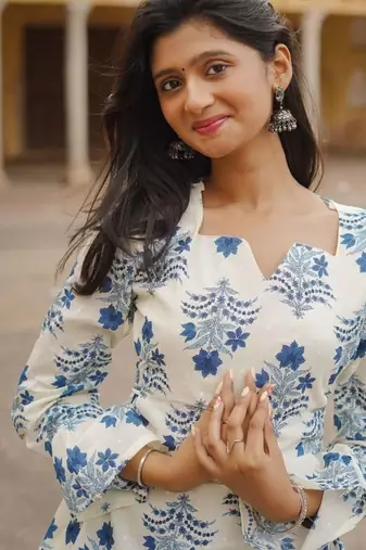 Ivory Blue Bell Sleeve Block Print Short Kurti