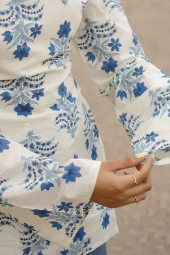 Ivory Blue Bell Sleeve Block Print Short Kurti