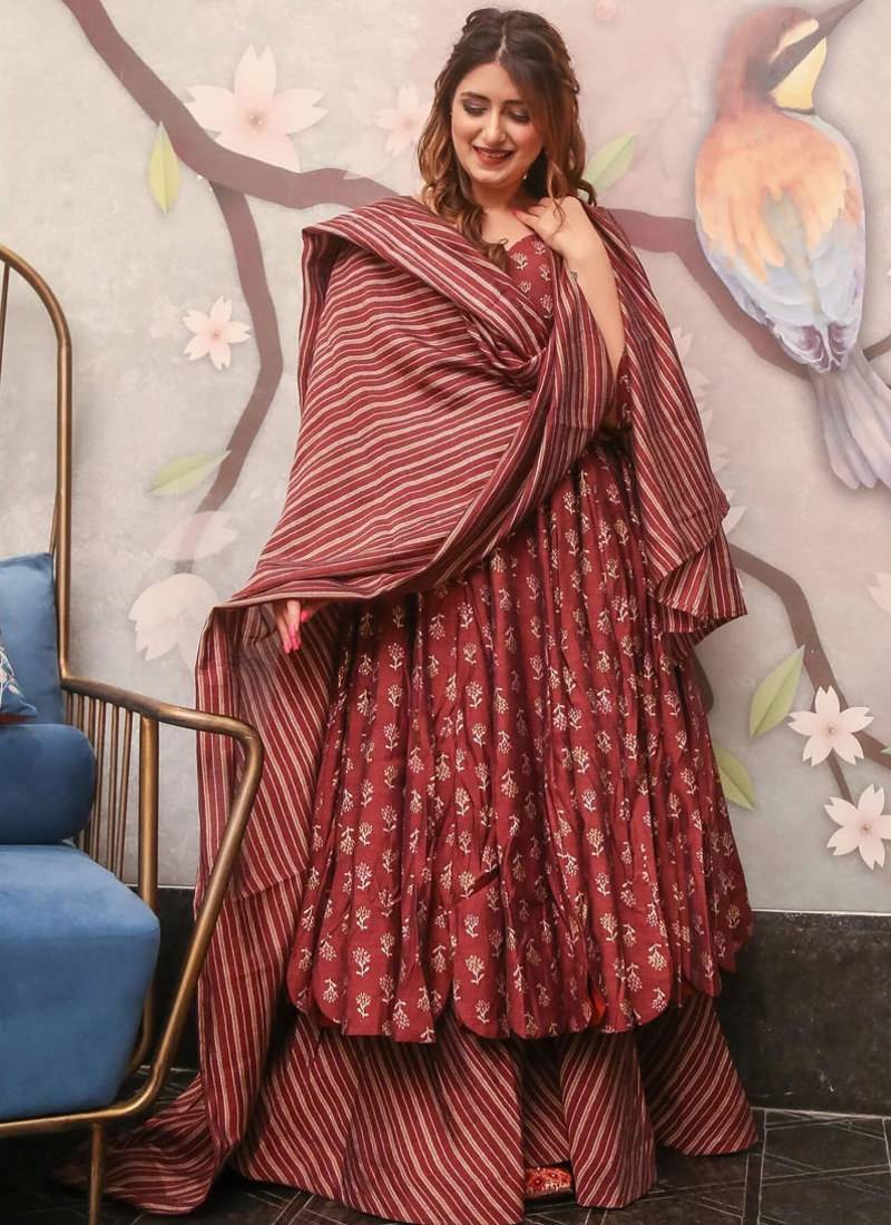 Maroon heavy digital printed pure maslin  palazzo