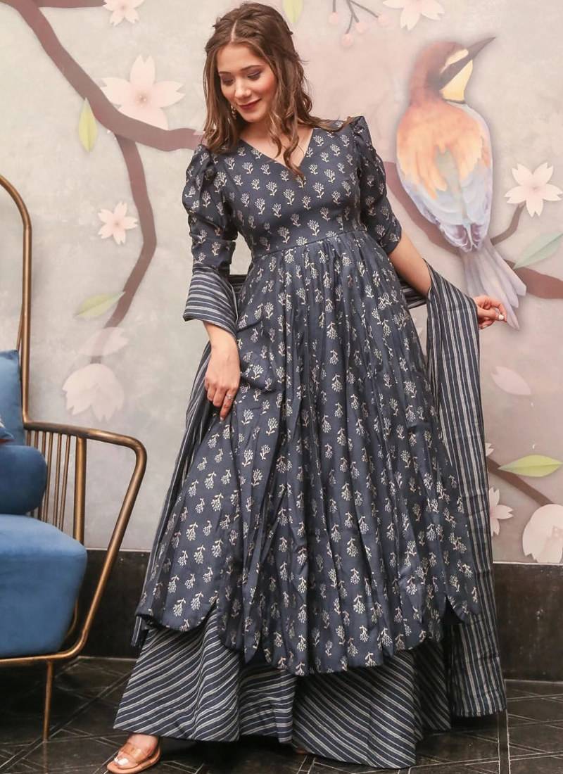 Grey heavy digital printed pure maslin  palazzo