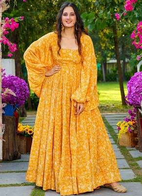 Yellow heavy digital printed heavy georgette gown style 1
