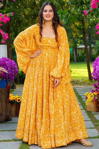 Yellow heavy digital printed heavy georgette gown style